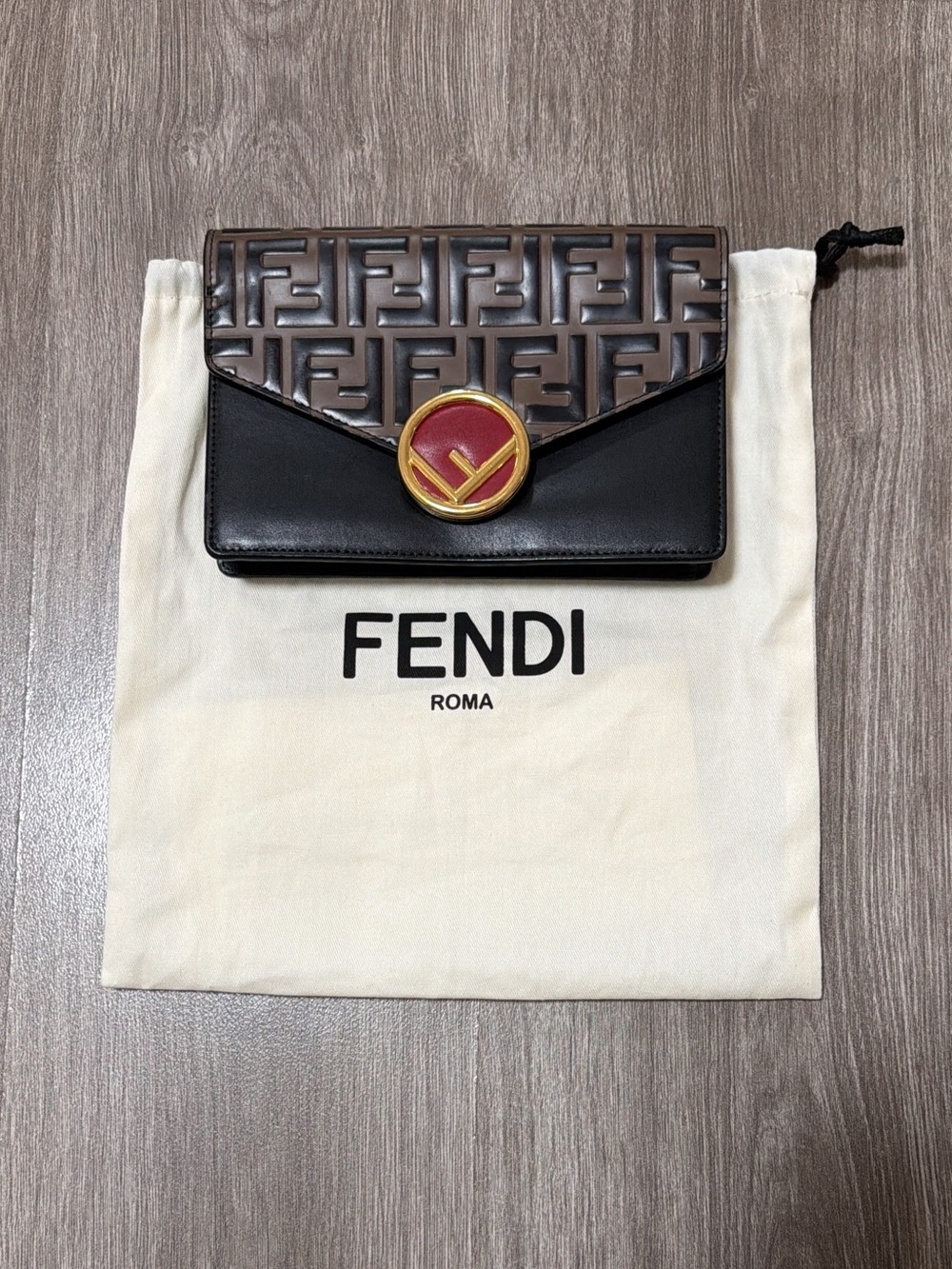 Fendi Black and Brown FF Embossed Leather Crossbody with Red Gold Logo